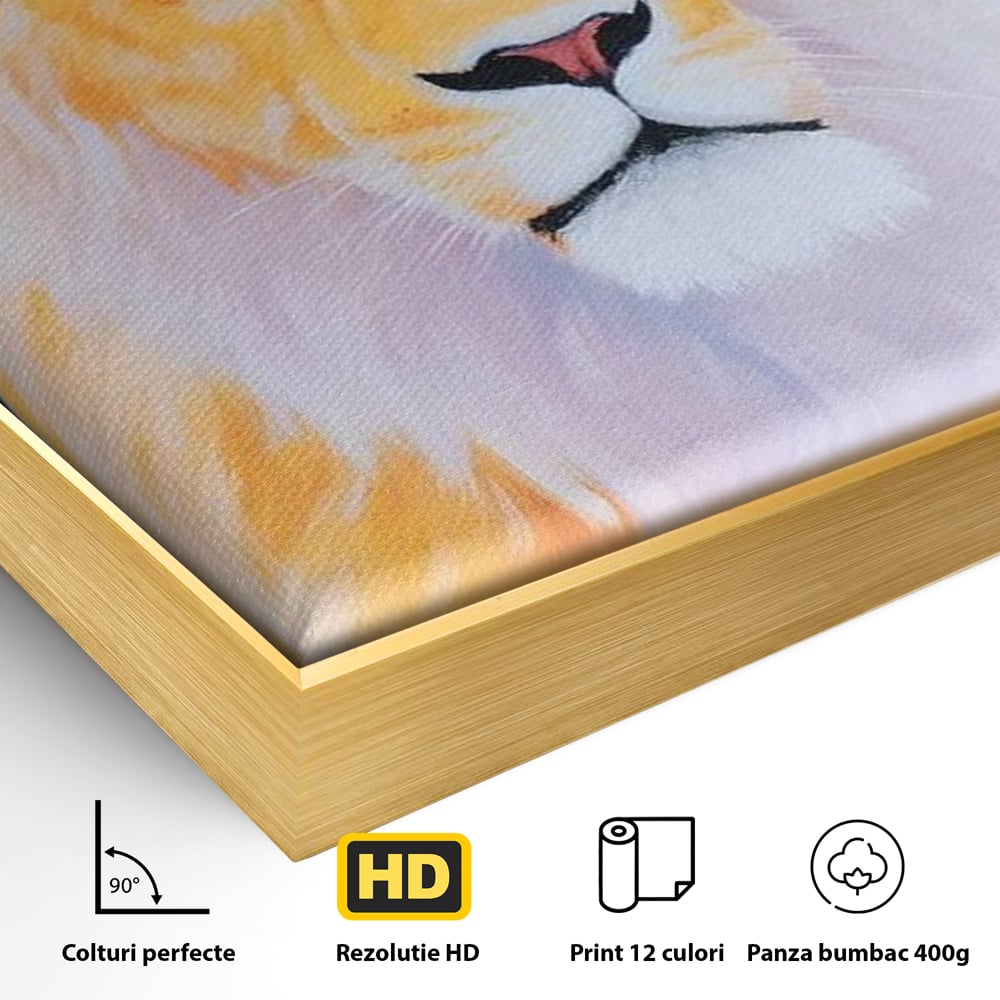 Detaliu al suprafetei: tablou canvas cu pictura de leu, in rama de aluminiu auriu